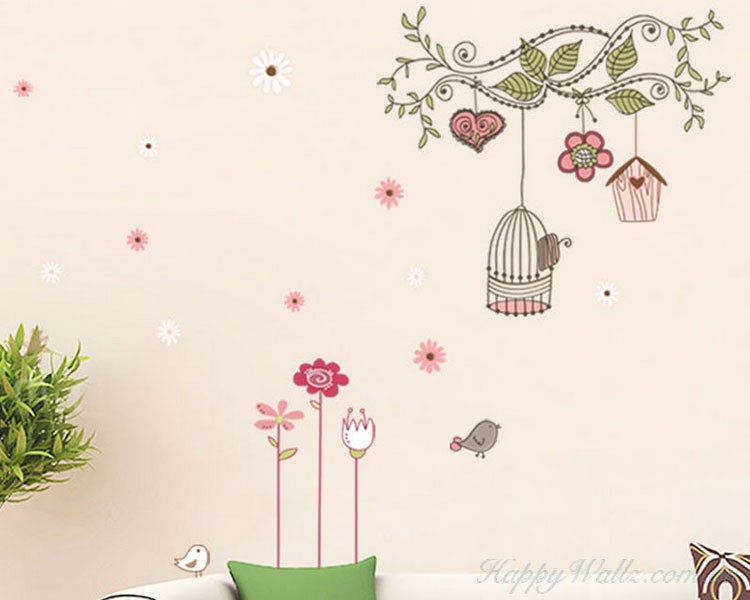 Flower Vines with Bird Cages Vinyl Decal Flower Vines with Bird Cages Vinyl Decals Flower Branch Wall Art